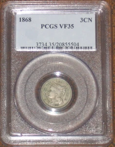 1868 3cn Three Cent Nickel Type coin PCGS Grade VF35 3c Very fine - Picture 1 of 2