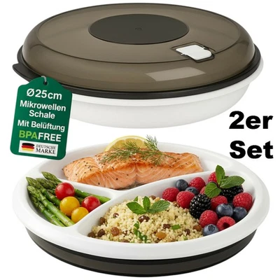 2 Menüteller mit Deckel Set Mikrowellengeschirr Portionsteller Seniorenteller - Bild 1 von 4