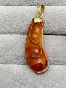 14K Gelbgold Glück handgeschnitzte Jade Anhänger, Vintage - Bild 1 von 4