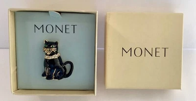 Винтажная булавка/брошь Monet с эмалью и стразами в виде черного кота - оригинальная коробка - Изображение 1 из 4