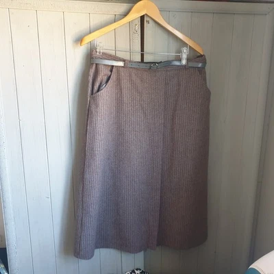 Vtg 80s 90s Wool Skirt Sz 16 18 Brown Grey Stripe Belt Pockets 40s - Image 1 of 4