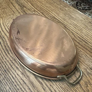 Vintage Kupfer Zinn Oval Au Gratin Pfanne Messing Griffe 10”x7”x1,5” D - Bild 1 von 5