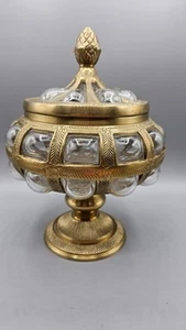 VTG Candy Dish Carved Brass Hand Blown Inserted Glass w/Lid on Pedestal 9.5"h - Picture 1 of 9