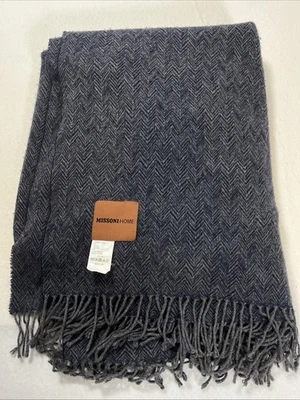 Missoni Home Yoda 50 Throw Blanket Dark Blue Chevron Fringe Trim 50x70 - Image 1 of 4