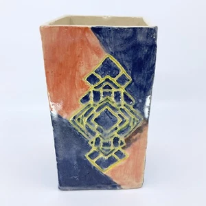 VTG Abstract Boho Asymmetrical Signed Art Pottery Rectangular Vase 8.75” Heavy - Picture 1 of 9