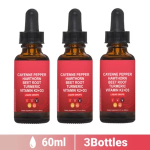 3 X Cayenne Pepper Hawthorn Beet Root Turmeric Vitamin K2+D3 Liquid Drops - Picture 1 of 11