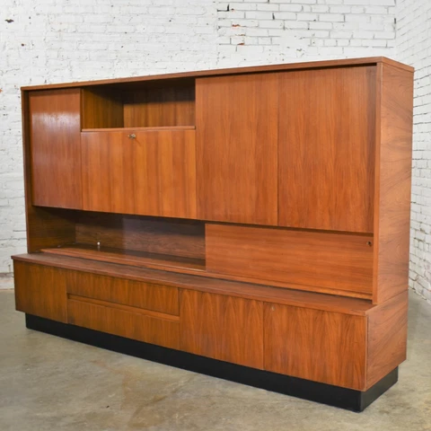Teak Mid Century Modern Wall Storage Bookcase Cabinet with Drop Front Desk Cover