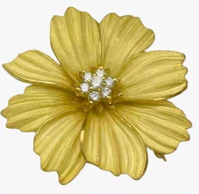 Broche retro vintage con flores de diamantes de oro amarillo de 18k Foto 1 de 4