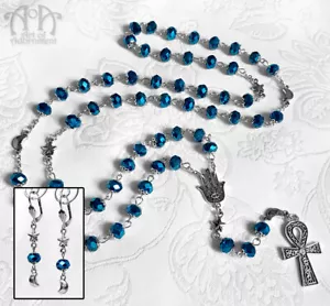 Blue Crystal MOON STAR NECKLACE & EARRINGS SET Long Rosary Silver Ankh Pendant - Picture 1 of 6