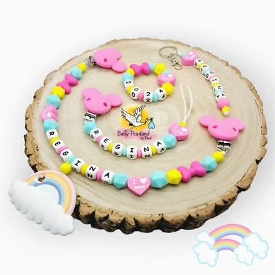 Babyset Schnullerkette mit Namen (4 Teile) ♡ Silikon ♡ Mädchen ♡ Geschenk ♡ Bunt - Bild 1 von 4