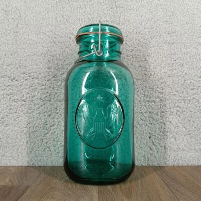 De Colección Bicentenario Águila Bola Verde Medio Galón Tarro de Conserva Vidrio Goma Alambre Tapa Foto 1 de 4