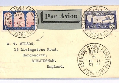 FRANCE AVIATION Cover 1930 *EXPO AERIENNE PARIS* CDS Birmingham W.T.Wilson XF347 - Image 1 of 4