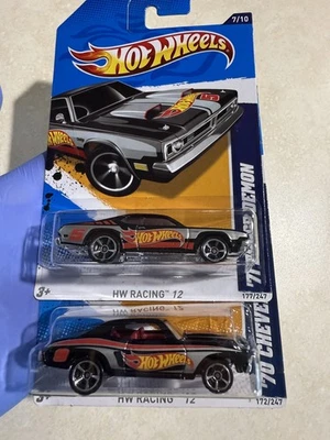 (2) ¡Lote de autos Hot Wheels 2012 Racing 70 Chevelle SS & 71 Dodge Demon! Negro 🔥 Foto 1 de 4