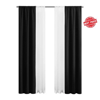 Twill Blackout Rod Pocket 4 Piece Curtain Set Double Voile Solid Panels Modern - Image 1 of 4