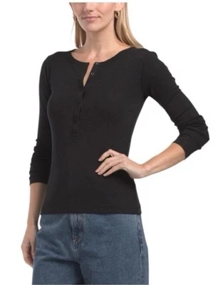 Top de manga larga Vince Slub Henley mezcla de algodón negro mediano Foto 1 de 4