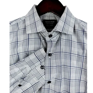 Camicia elegante Nordstrom uomo Shop Tech elegante orlo aderente a quadri blu bianco taglia 15 1/2 - Foto 1 di 10