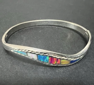 Vintage Sterling Silver Multi-Color Opal Inlay Wavy Hinged Bangle Bracelet 925 - Picture 1 of 16