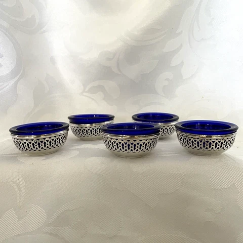 ANTIQUE WEBSTER STERLING AND COBALT SALT CELLARS SET OF 5 Cover