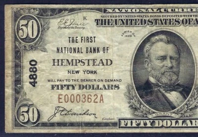 🇺🇸 NY 1929 50  ♚♚HEMPSTEAD, NEW YORK♚♚  PMG VF 20  HARD TO FIND!!! - Image 1 of 3