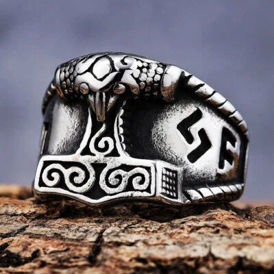 Anillos para hombre anillos de acero inoxidable anillo Mjolnir bandas vikingas punk vintage plata Foto 1 de 4