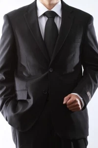 MENS 2 BUTTON SUPER 150S BLACK WOOL FEEL SUIT FLAT FRT PANT SML-60512N-60501-BLK - Picture 1 of 6