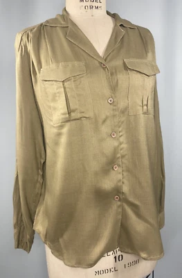 Vintage Top TAMANHO GRANDE rayon cáqui bolso safári KARAVAN 70s clássico manga longa - Imagem 1 de 4