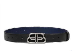 NEW BALENCIAGA Large BB Men's 85cm Black/Blue Reversible Leather Belt - Picture 1 of 9