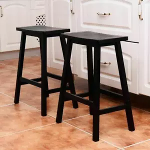 Set of 2 Bar Stools Pub Chair Kitchen Dining Room Solid Wood Black - Picture 1 of 9