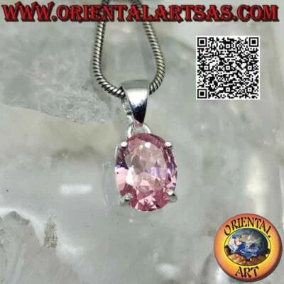 Ciondolo in argento 925‰ zircone rosa di Francia sfaccettato ovale incastonato s - Immagine 1 di 4