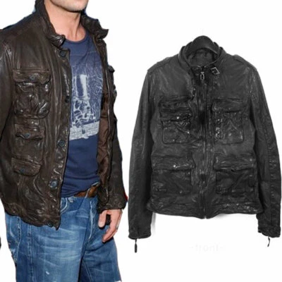Nueva chaqueta de cuero arrugado militar con estilo para hombre Foto 1 de 4
