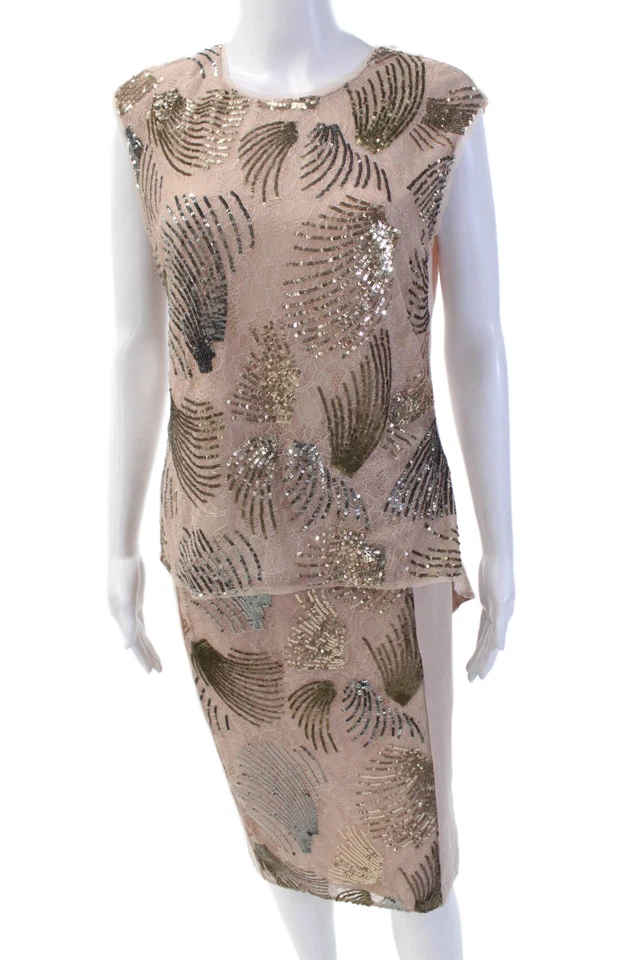 Conjunto de Blusa BCBG Max Azria Feminina Lantejoulas Gola Redonda Sem Mangas Rosa Tamanho M - Imagem 1 de 4