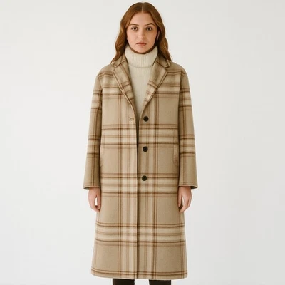 Gabardina a Cuadros Mezcla de Lana Marrón Tostado Talla M Gran Tamaño Abotonada Academia Preppy Foto 1 de 4