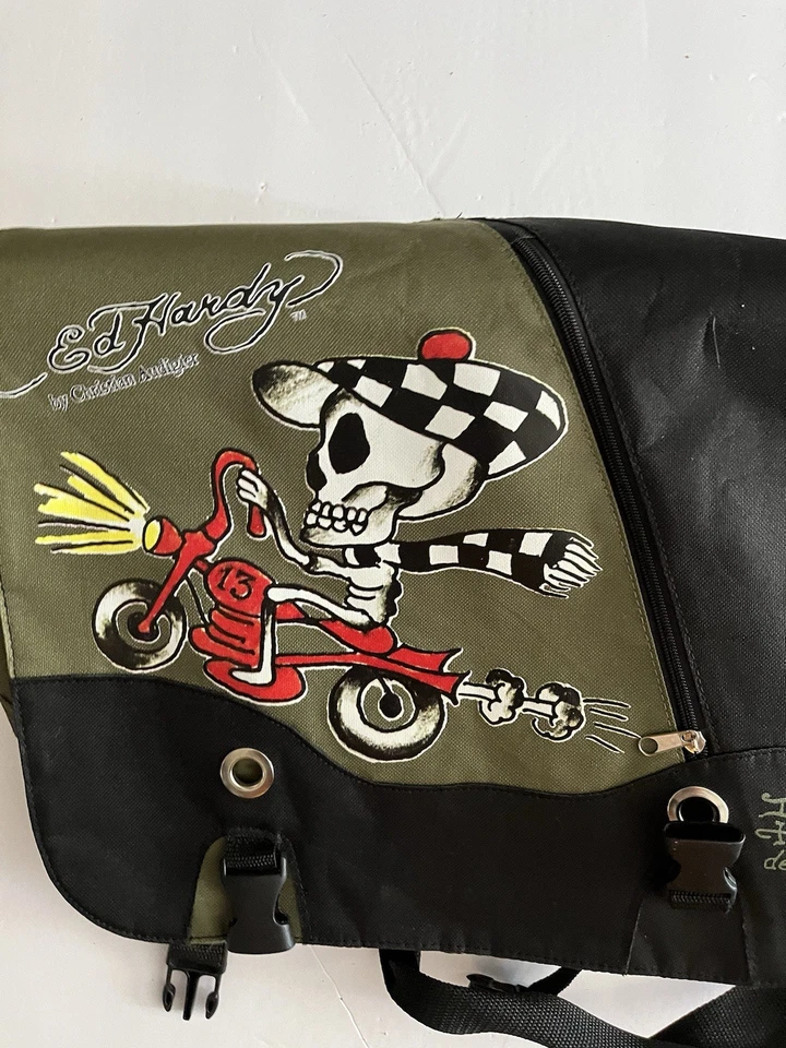 Bolso Mensajero Ed Hardy Speedy Motocicleta Esqueleto Verde Christian Audigier Foto 1 de 3