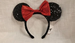 Auténtica Orejas de Minnie de Disney Lentejuelas Brillante Arco Rojo Etiqueta Disney World Land - Imagen 1 de 8