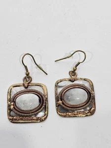Mixed Metal Oval Rainbow Moonstone Earrings, Copper Brass Metal - Picture 1 of 10