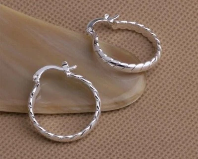 925 Sterling Silver Hoop Earrings small twist style 20mm hoops Round Gift Bag - Image 1 of 2
