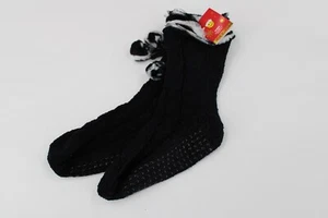 Joe Boxer Knit Bootie Slippers Womens SZ 4-10 Black Chunk Knit Pom Poms Non-Slip - Picture 1 of 8