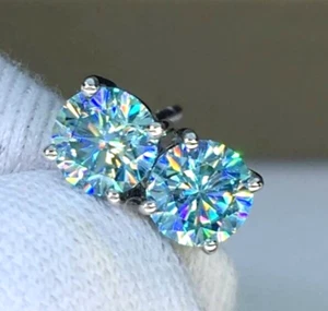 3.80 Ct Treated Certified Blue Diamond Solitaire Stud Earrings In 925 Silver - Picture 1 of 6