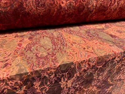 Stretch Spandex Mesh Lace Fabric, Per Metre - Paisley Floral Print - Coral Pink - Image 1 of 3