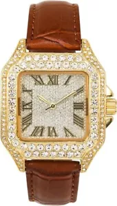 Techno Pave 32mm Iced Out Gold Red Leather Band Watch – Square Shape, Roman Dial - Picture 1 of 4