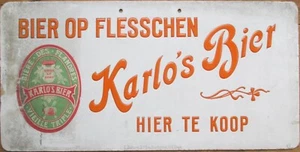 Karlo's Bier 1920s Belgian Beer Advertising Sign with Label, Belgium Orange Type - Picture 1 of 1