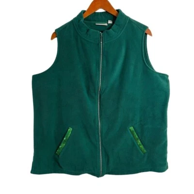 Quacker Factory Forest Green Fleece Vest 1X Sequins Rhinestones Holiday Bling - Image 1 of 4