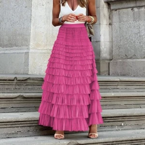 Mujeres Damas Largo Maxi Línea A Faldas Volantes Midi Vestido Cintura Alta Falda - Imagen 1 de 7