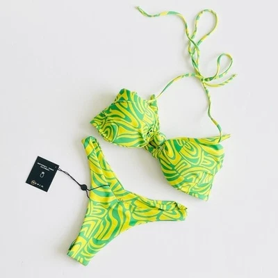 NEW Skatie SMALL/XS green yellow geometric print swim bikini set - Image 1 of 4