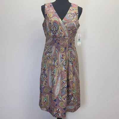 Tommy Hilfiger Paisley Print Sleeveless Midi Dress Pockets 100% Cotton Size 8 - Image 1 of 4