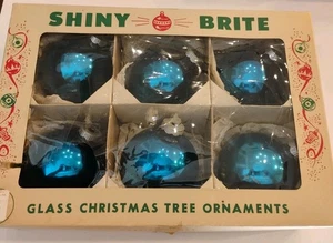 Vtg 6 Blue Shiny Bright 2.5" Christmas Balls Ornaments, Original Box - Picture 1 of 10