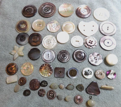 51 Vintage Antique MOP Mother of Pearl Buttons VARIOUS SIZES SHAPES DESIGNS - Image 1 of 4