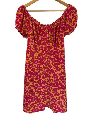 Bailey Blue Pink Yellow Floral Puff Sleeve Off-Shoulder Mini Dress Womens Sz L - Image 1 of 4