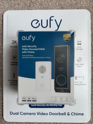 Eufy E340 Smart Video Doorbell Dual Camera 2K with Chime Black/White Brand New - Image 1 of 4