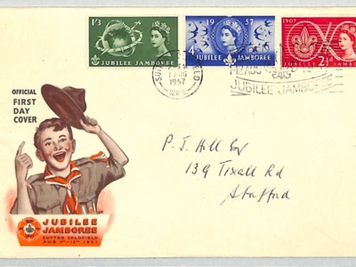 GB QEII 1957 FDC BOY SCOUTS *Jamboree* Sutton Coldfield Slogan ILLUSTRATED XE190 - Image 1 of 4